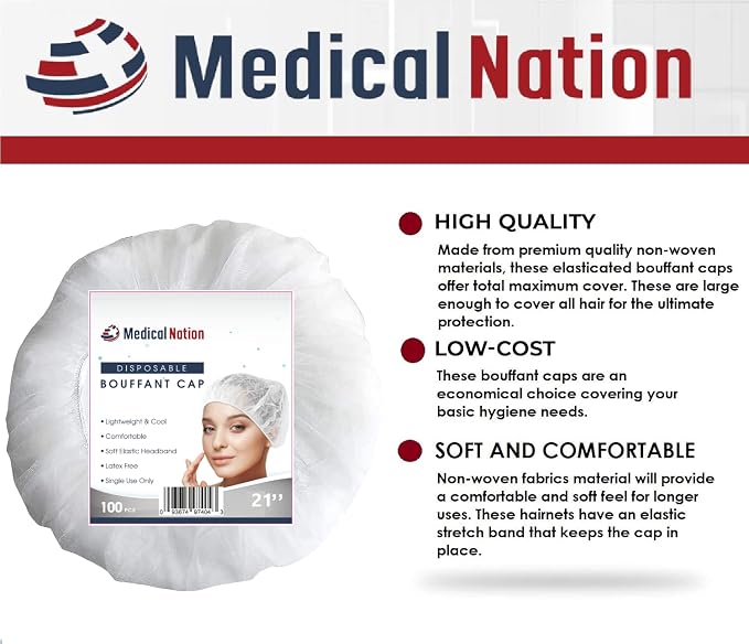 Medical Nation 21" Disposable Bouffant Caps | Pack of 100, Non-Pleated Head - Image 8