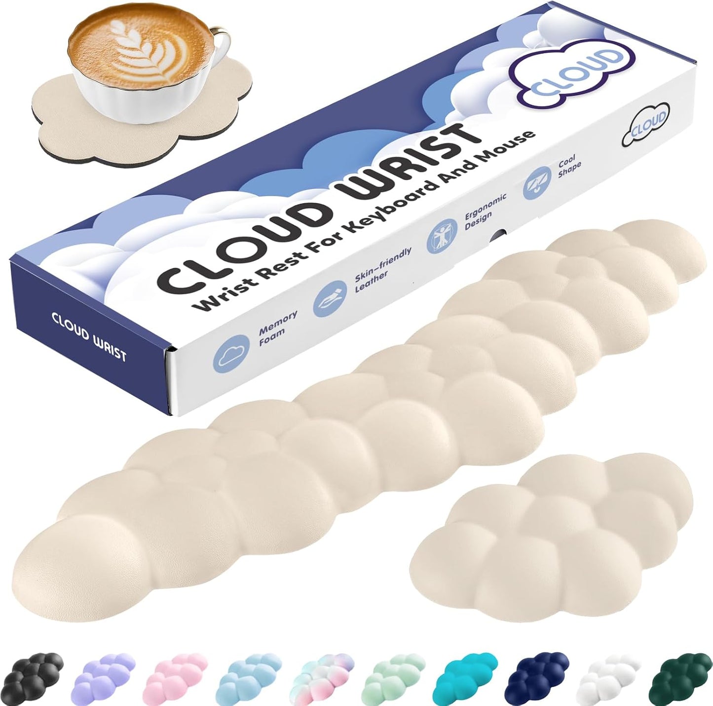 Cloud Wrist Rest for Keyboard and Mouse, Memory Foam PU Leather Keyboard Wrist Rest with Ergonomic Support, Non-Slip Base, Cute Arm Rest Pad & Palm Cushion, Office Desk Accessory, Beige
