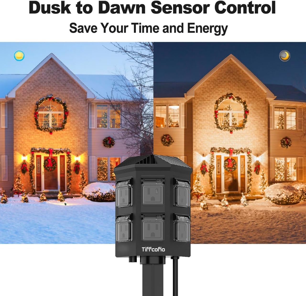 TiFFCOFiO Outdoor Power Strip Timer, Dusk to Dawn Light Sensor Countdown, 25 Feet Extension Cord Waterproof, 6 Grounded Outlets for Halloween and Christmas Decorations, ETL Listed (25 FT)