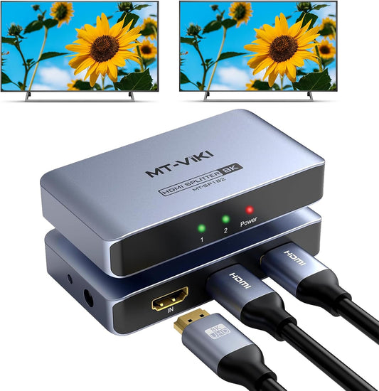 MT-VIKI 4K@120Hz HDMI Splitter 1 in 2 Out Aluminum HDMI Splitter 2.1, 8K@60Hz Duplicate/Mirror, 40Gbps, HDCP2.3, EDID (Non-bidirectional)