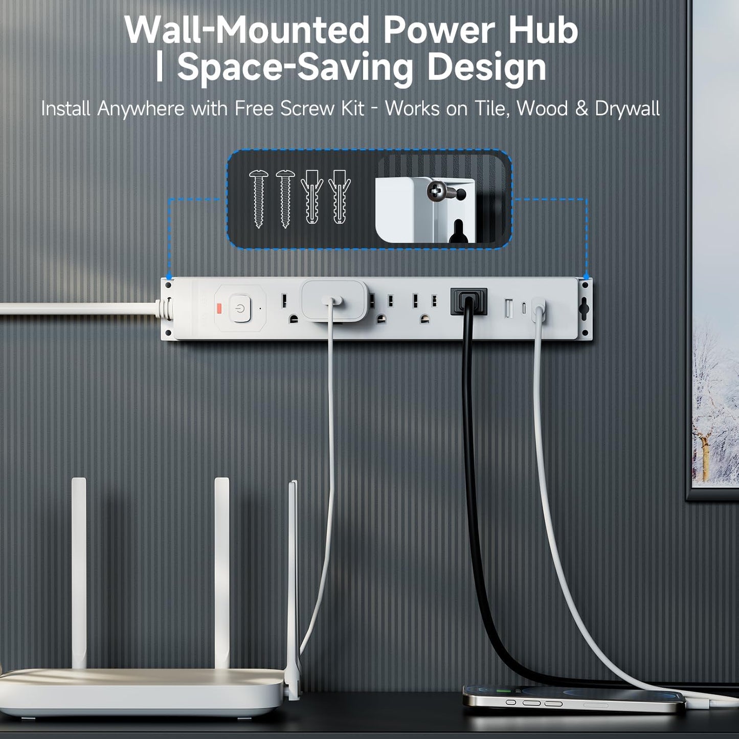 [2-Pack] 10 Ft Power Strip Surge Protector with USB Ports, Flat Plug Extension Cord, 5 AC Outlets and 3 USB Charging Ports, Wall Mountable, ETL Listed – White for Home, Office, Dorm