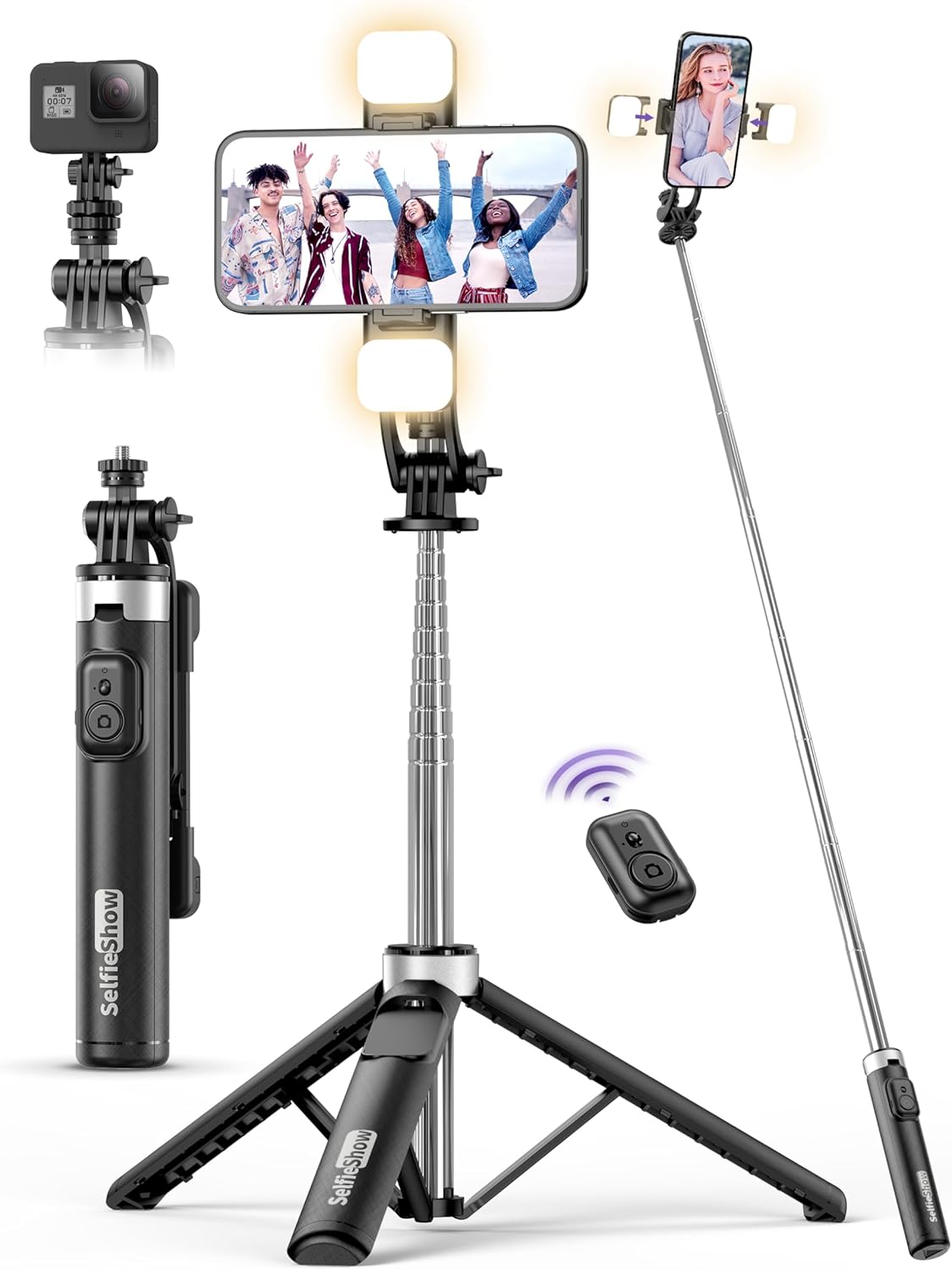 53'' Selfie Stick Tripod with Light, Extendable Selfie Stick with Remote, Portable Cell Phone Tripod Stand with All in 1 Phone Clip, Lightweight Camera Tripod Compatible with iPhone 15 14 13, Android