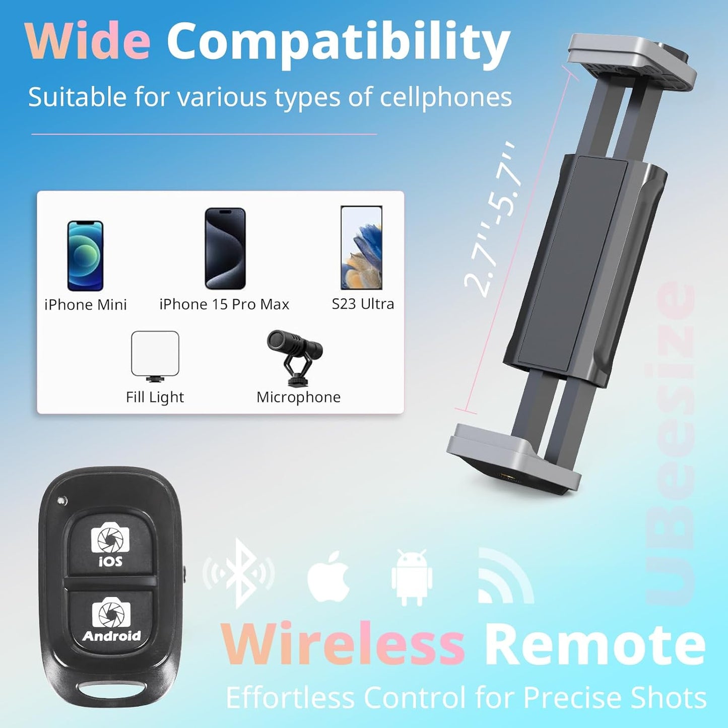 UBeesize 88’’ Flexible Phone Tripod with 14.95’’ Gooseneck, Remote and Phone Holder, Overhead Cell Phone Stand＆Selfie Stick for Video Recording, Compatible with iPhone Android Phone, Camera Pink