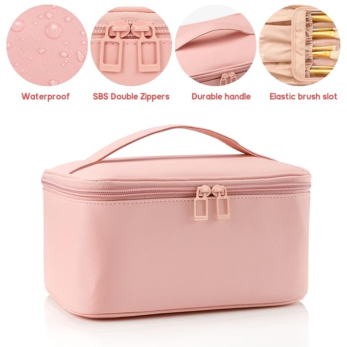 OCHEAL Pink Makeup Bag, Travel Makeup Organizer Bag, Large Capacity Cosmetic - Image 2