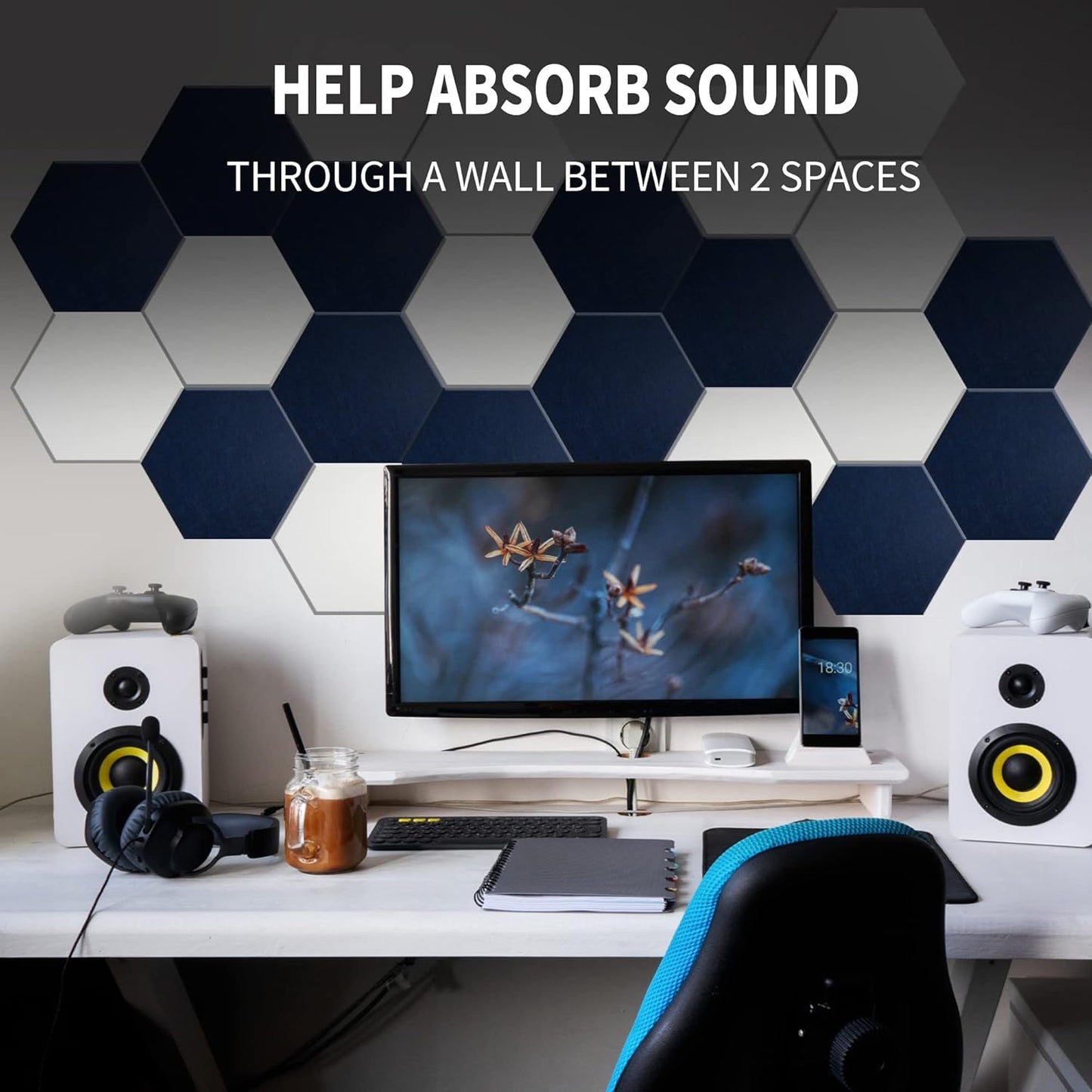 Mollywell Hexagon Acoustic Panels, High Density, Soundproofing, Decorative Noise Reduction Felt Wall Tiles for Ceilings, Home Office & Gaming Room (Moon and Silver Gray), 14x12x0.4 Inch