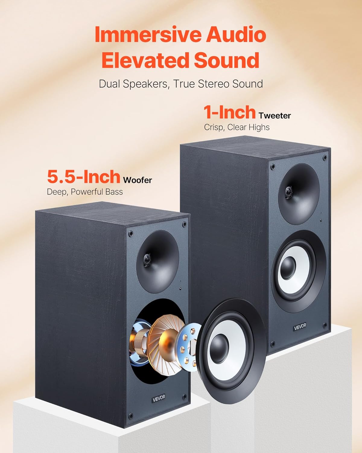 VEVOR Powered Bookshelf Speakers, 25W x 2, Active Studio Monitor Speaker with 5.5 Inch Woofer, Bluetooth/RCA/Coaxial/Optical/USB/Subwoofer Connection, Wooden Enclosure, for Record Player Turntable PC