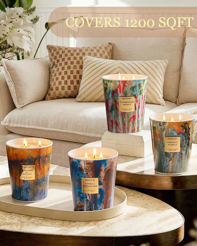 M&SENSE Large Soy Vanilla Sandalwood Scented Candle, 35oz 150 Hours 3-Wick - Image 6