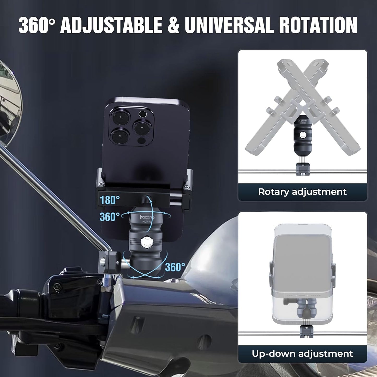 Anti-Theft Motorcycle Phone Mount, Aluminum Dual Socket Arm and U-Bolt Base for Bicycles/ATVs/Snowmobiles, Installed on 0.4-0.6" Mirror Bars (KPS-03)