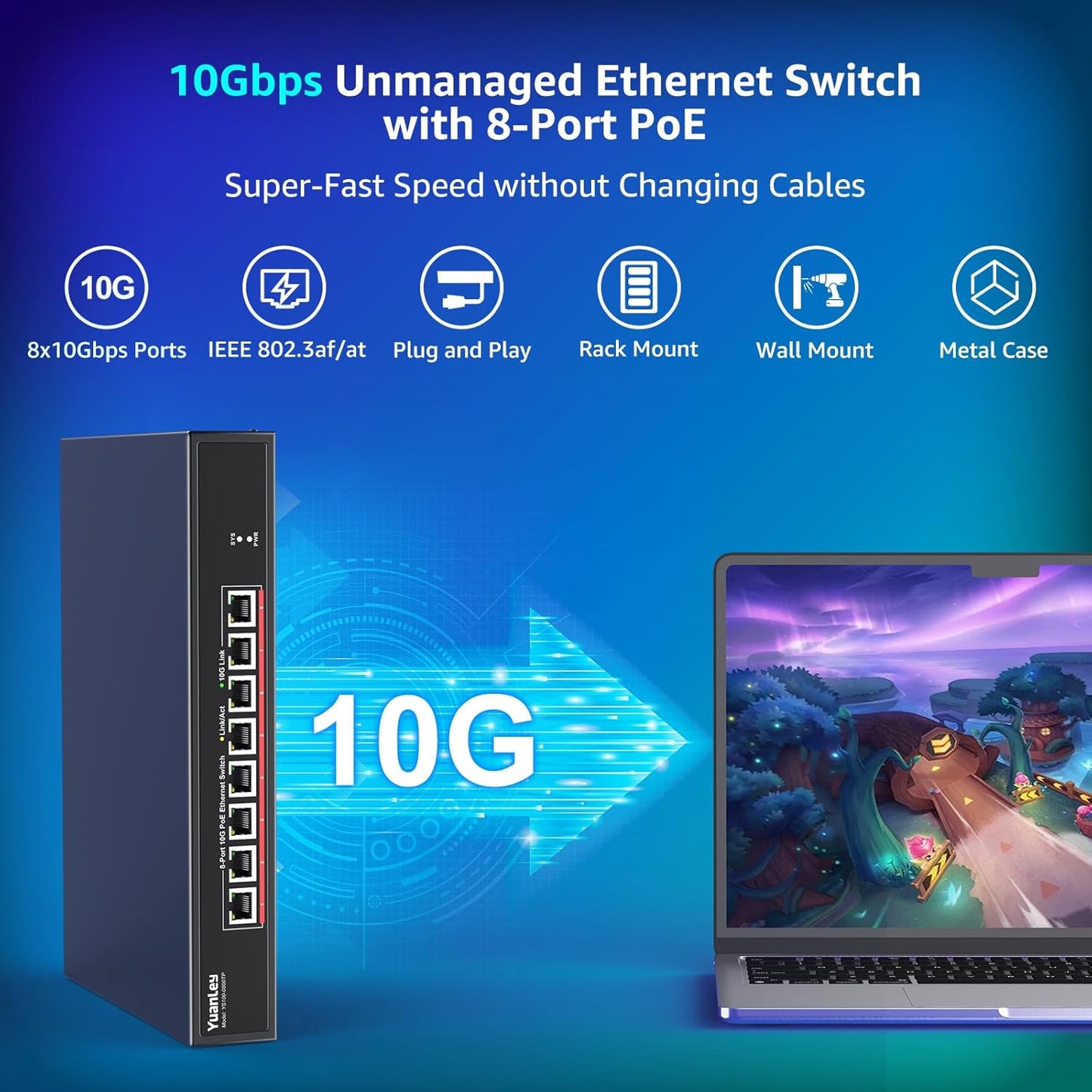 YuanLey 8 Port 10G PoE Switch Unmanaged, 8 x 10G Base-T PoE Ports, IEEE802.3af/at, 110W Built-in Power, Compatible with 1G/2.5G/5G/10G, Metal Case, Rackmount/Wall Mount 10Gbe Network Switch
