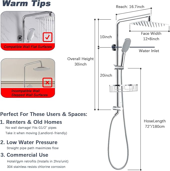 Rain Shower System with 304Stainless Steel Shelf, 12 Inch Rainfall Shower Head - Image 9