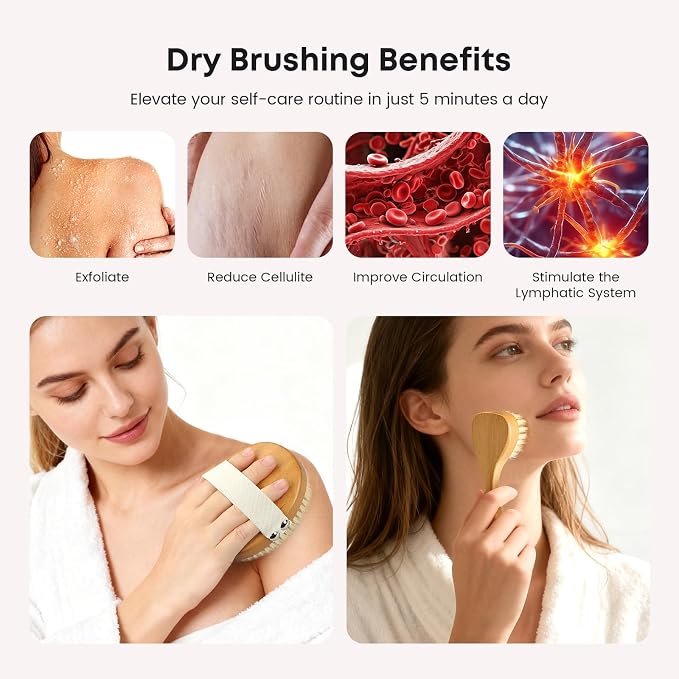 eaxun Bamboo Dry Brushing Body Brush Set, Natural Exfoliating Boar Bristle Face - Image 3