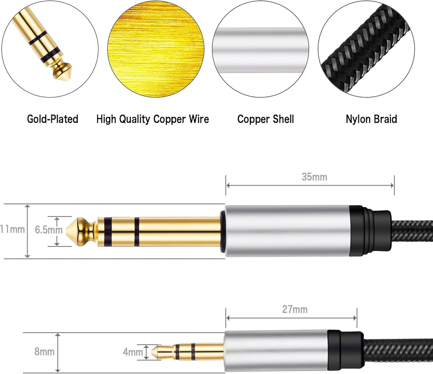 3.5 mm to 6.35 mm Audio Cable 20Ft, Gold-Plated Terminal Silver Color Zinc Alloy Housing 3.5mm 1/8" Male TRS to 6.35mm 1/4" Male TRS Nylon Braided Stereo Audio Cable for Cellphone,Amplifiers(20Ft/6M)