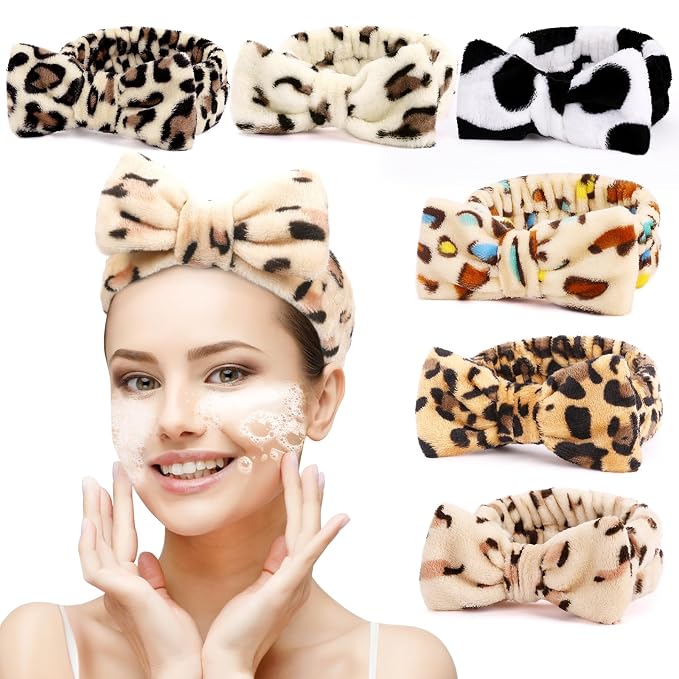 6 Pack Spa Headband for Women Skincare Makeup Headband Soft Coral Fleece Bow by UMIKU
