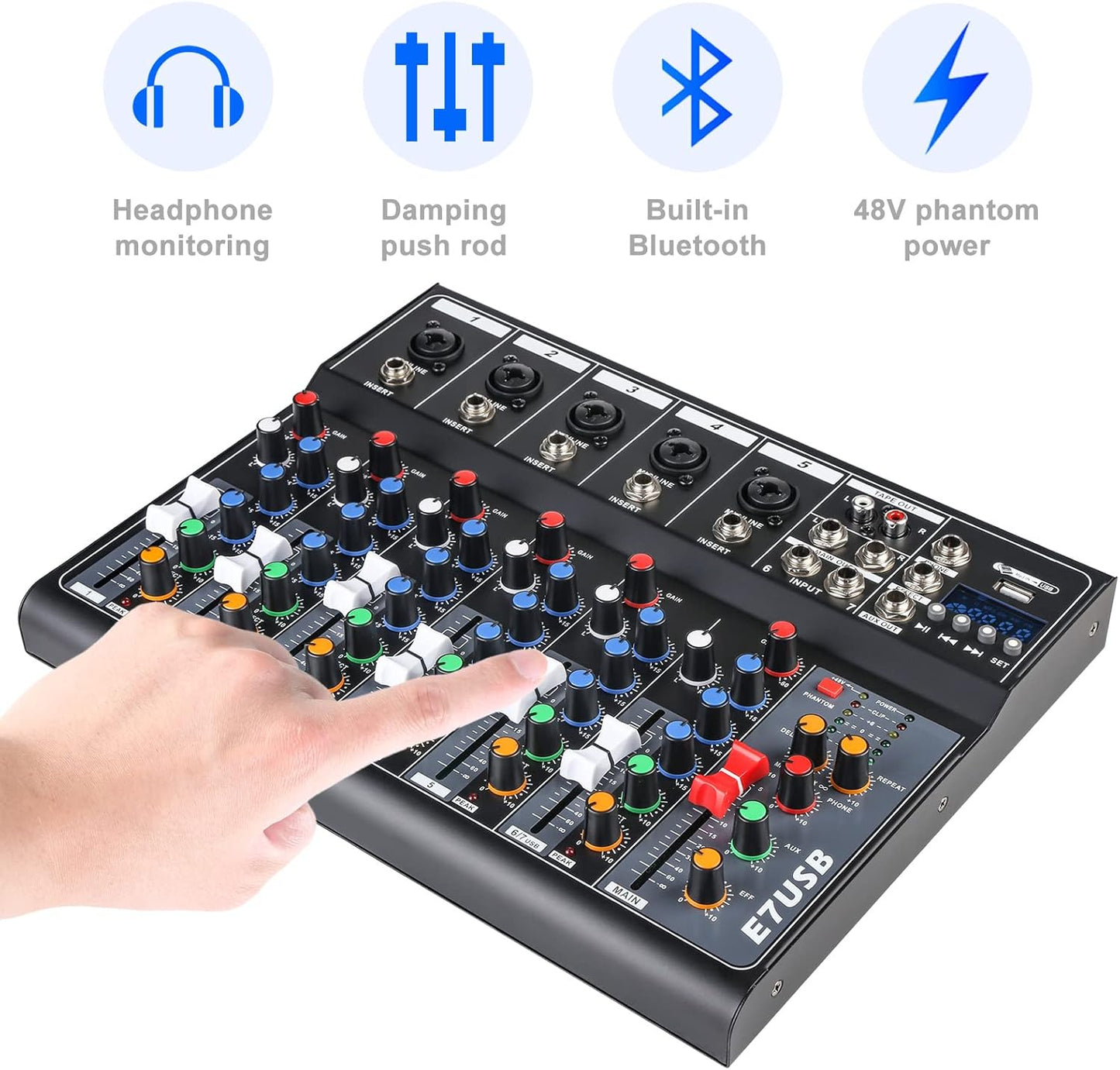 Dj Mixers 7 Channel Audio Mixer Sound Board with Bluetooth, Usb Audio Interface with 48V Phantom Power Sounds Mixer Board with FX Reverb Delay Effect for Streaming
