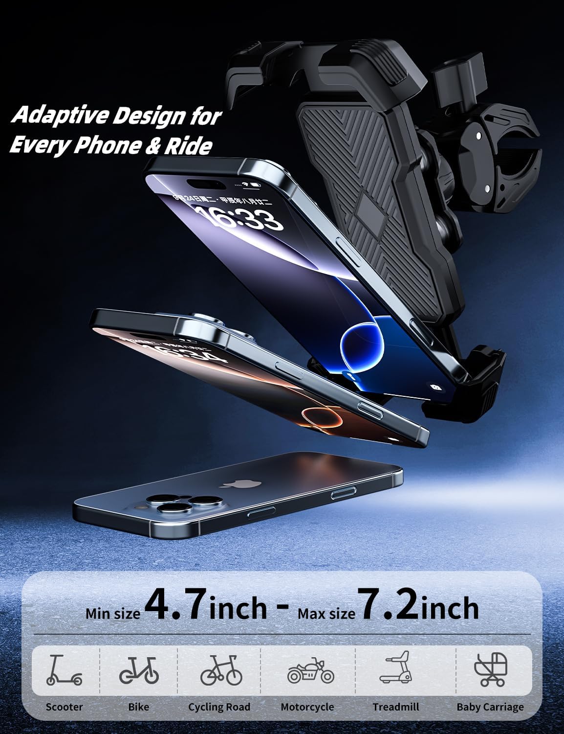 Bike Phone Holder, 360° Adjustable Motorbike Phone Holder for 4.7"-7.2" Smartphones Phone Bicycle, Motorcycle Mirror Mount, Universal Handlebar Phone Mount for MTB/Scooter/Dirt