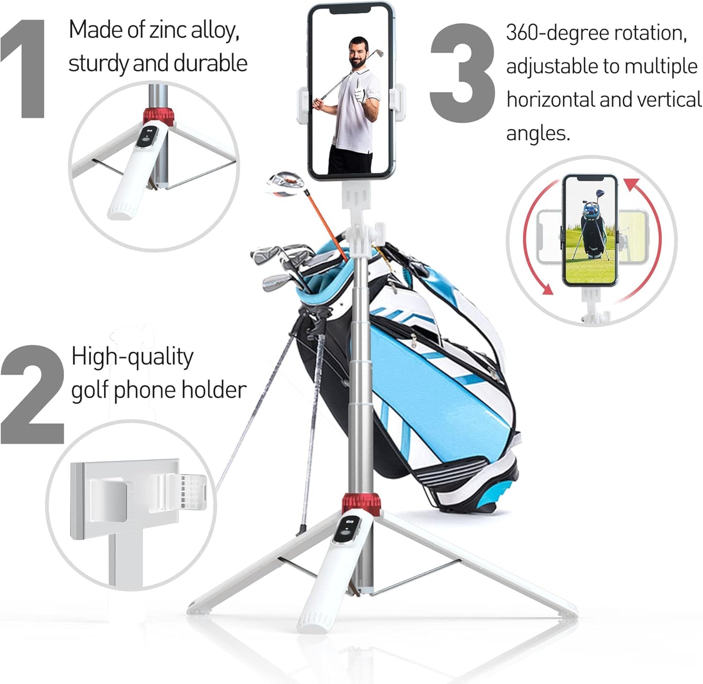 62" Phone Tripod & Selfie Stick for Golf Training, Extendable Cell Phone Tripod Stand with Wireless Remote and iPhone Holder, Golf Training Aid - Compatible with iPhone Android (White)
