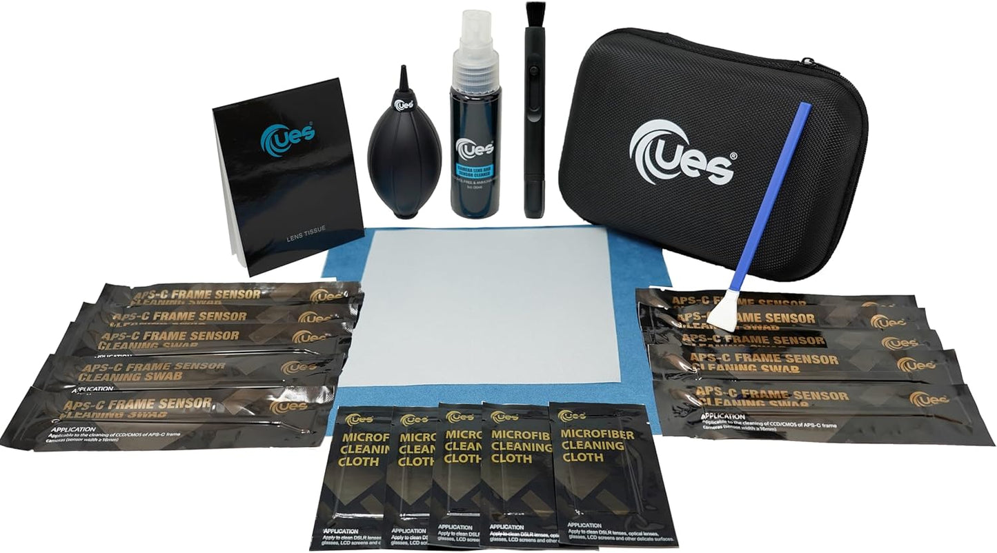 UES 21-in-1 Camera Cleaning Kit: 10 APS-C 16mm Sensor Cleaning Swabs, 5 Lens Cleaning Cloth, Air Blower, Lens Cleaning Pen, Lens and Sensor Liquid Cleaner, Lens Cleaning Paper, Screen Cleaning Cloth