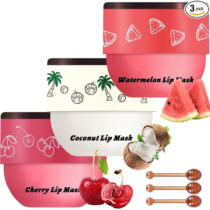 3 PCS Bee Lip Balm Lip Mask Honey Pot, Watermelon & Cherry & Coconut Lip Mask by Unknown
