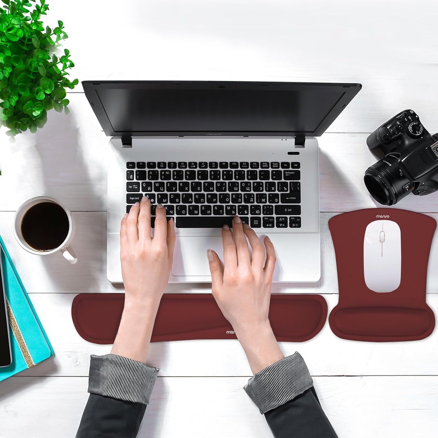 MOSISO Wrist Rest Support for Mouse Pad & Keyboard Set, Ergonomic Mousepad Non-Slip Base Home/Office Pain Relief & Easy Typing Cushion with Neoprene Cloth & Raised Memory Foam, Wine Red