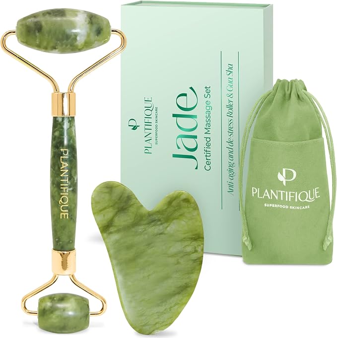 PLANTIFIQUE Jade Roller & Gua Sha Set – Real Jade Facial Tools by Plantifique