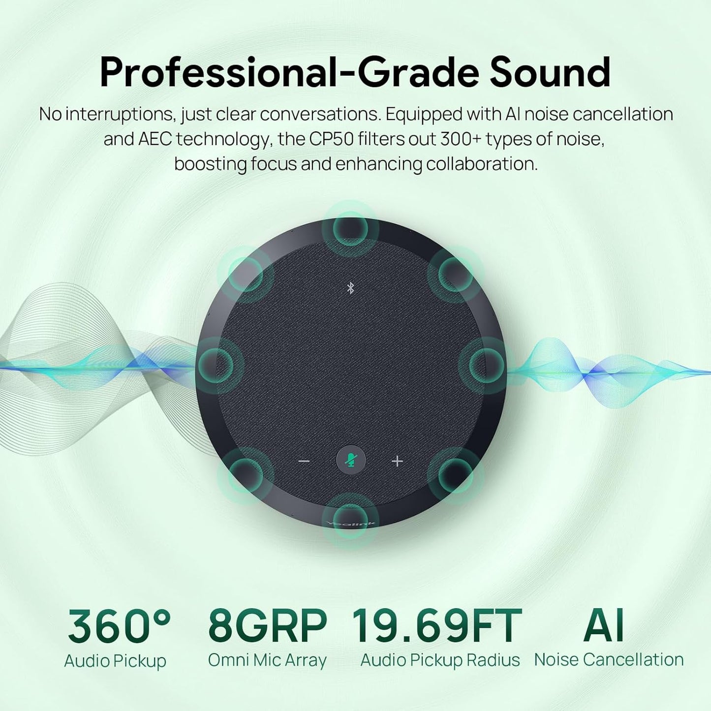 Yealink CP50 Conference Call Speaker and Microphone with Ai Noise Cancellation, Speakerphone for Teams Room, 8 360° Omnidirectional Mics, Bluetooth, USB-C, Daisy Chain, 19.69ft Pickup Telephon