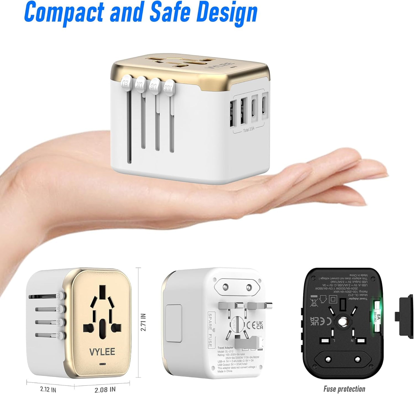 Universal International Power Travel Plug Adapter, 5 in 1 European Travel Plug Adapter W/ 3.5A 2xUSB-A and 2xUSB C Wall Charger and Worldwide AC Outlet for Europe USA UK AUS Asia (White Gold)