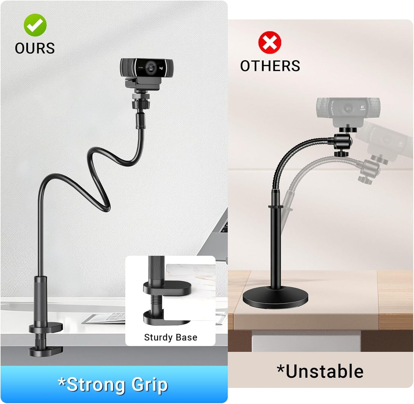 Flexible Webcam Stand Mount for Desk, Gooseneck Webcam Tripod with Clamp, Desktop Phone Holder & Table Top Tripod Compatible with Action Camera Gopro C922 C930e C920S C920 C615 C960 C920x Brio