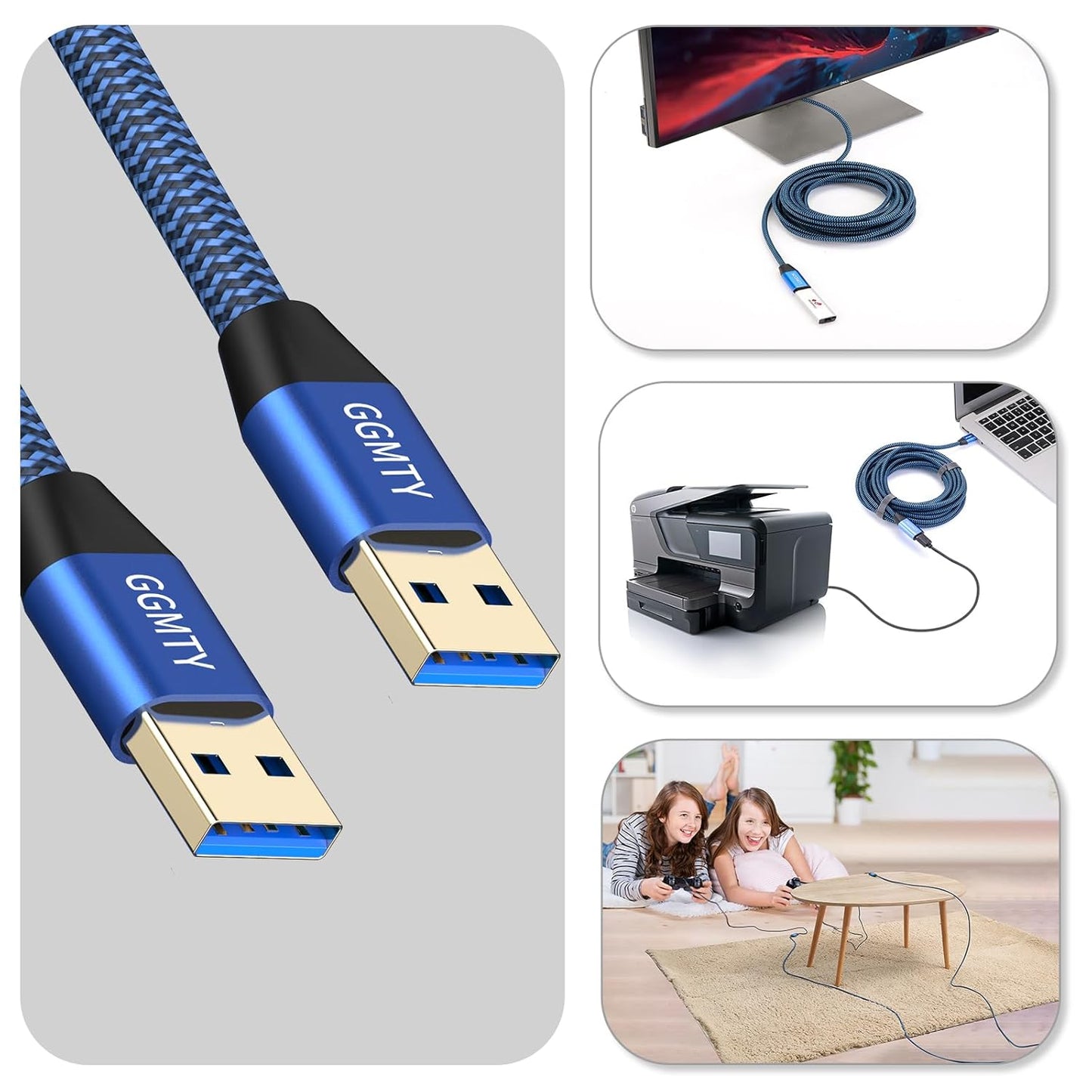 USB to USB Cable 3FT(2 Package),Durable Braidedfor USB 3.0 Male to Male Type A to Type A Cable Data Transfer Compatible with Hard Drive, Laptop, DVD Player, TV, USB 3.0 Hub, Monitor, Camera