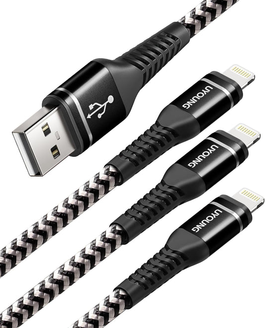 UYOUNG iPhone Charger Cable 3Pack 6FT [Apple MFi Certified] USB to Lightning Cable Nylon Braided Heavy Duty Fast Charging Cord Compatible with iPhone 14/13/12/11/SE/X/XS/XR/8/7/6/6S/iPad - Black