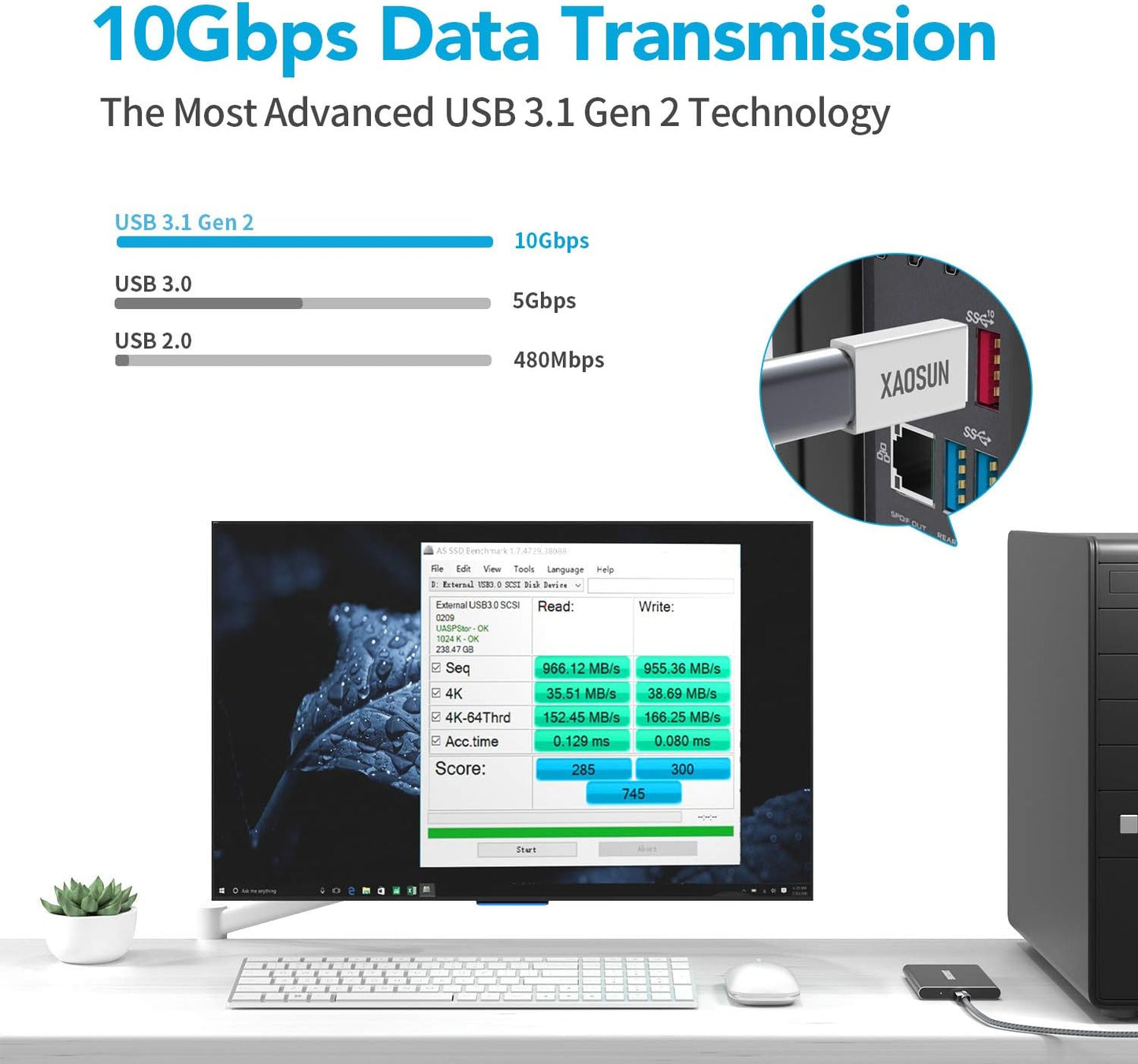 [10Gbps] USB C Female to USB Male Adapter (2-Pack), 3.1 USB A to USB C Adapter, XAOSUN One-Sided SuperSpeed Data Sync & 100W Fast Charging - Compatible with Laptop, PC, Charger, Power Bank, Quest Link