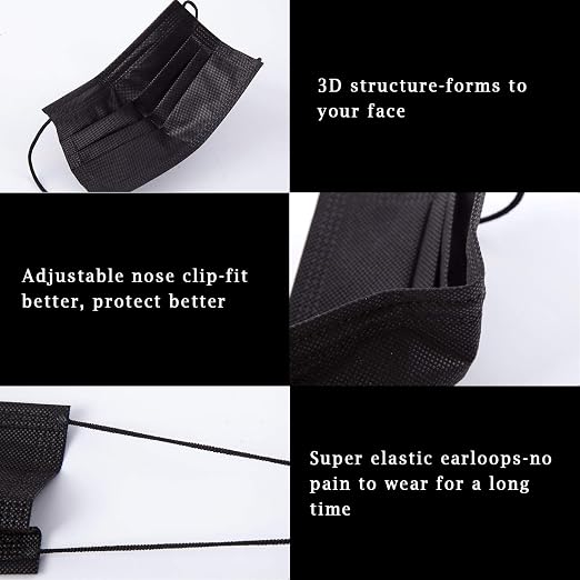 Borje Black Disposable Face Mask 50 Pcs Black Face Masks 3 Ply Protection Masks - Image 3
