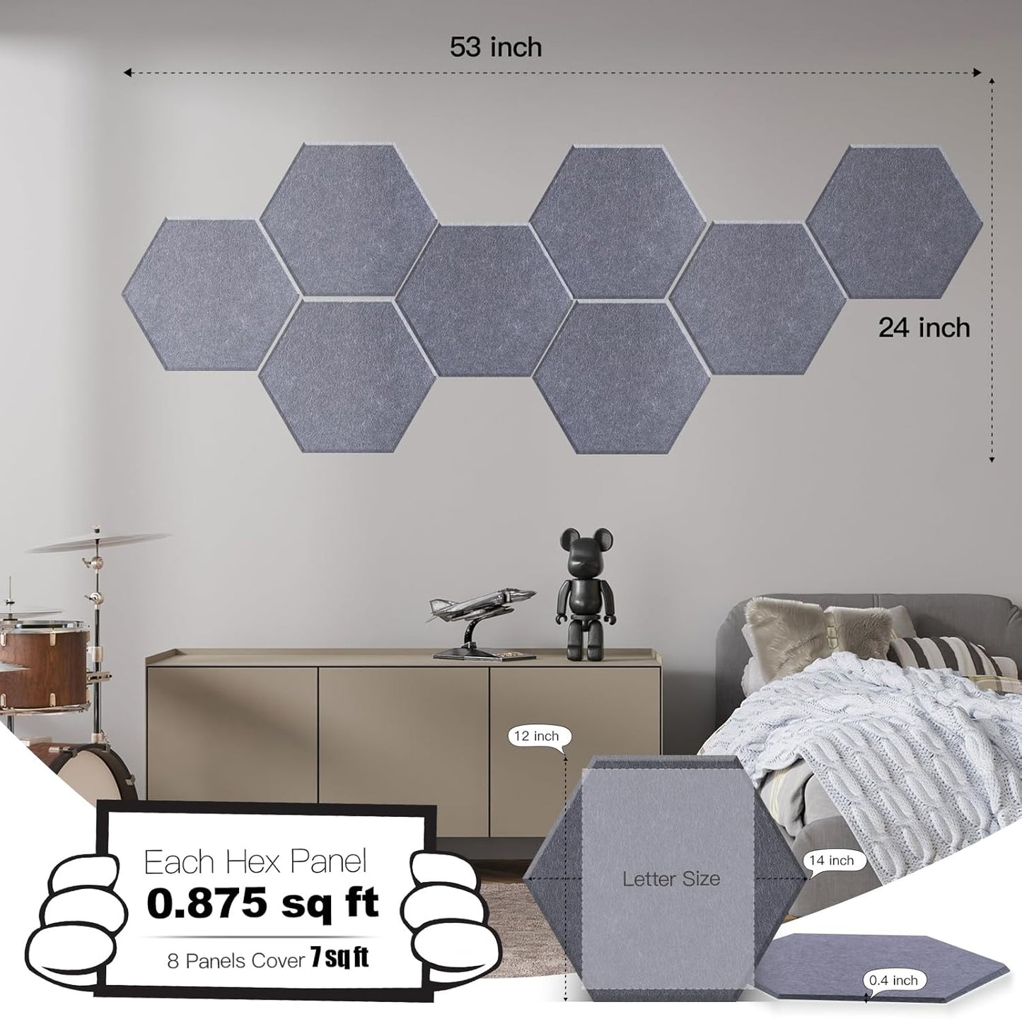 Mollywell Hexagon Acoustic Panels, High Density, Soundproofing, Decorative Noise Reduction Felt Wall Tiles for Ceilings, Home Office & Gaming Room (Moon Gray), 14x12x0.4 Inch
