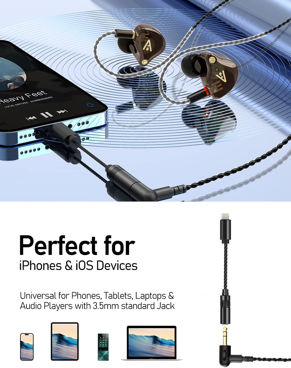 Vibes 201ML Wired Earbuds in Ear Headphones with Mic, Lightning to 3.5mm Adapter, Noise Isolating Bass Driven Earphones, Braided Cord, Carry Case, Ear Buds Tips, 3.5mm Jack (Clear Brown)