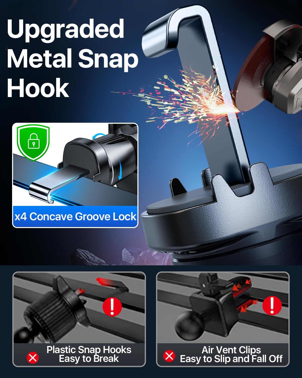 YRU Car Phone Holder [2025 Upgraded Metal Hook Clip], Phone Holders for Your Car [No Fear of Bumps] Air Vent Cellphone Mount Widely Compatible with iPhone16 15 14 13 12 Samsung Android, Grey