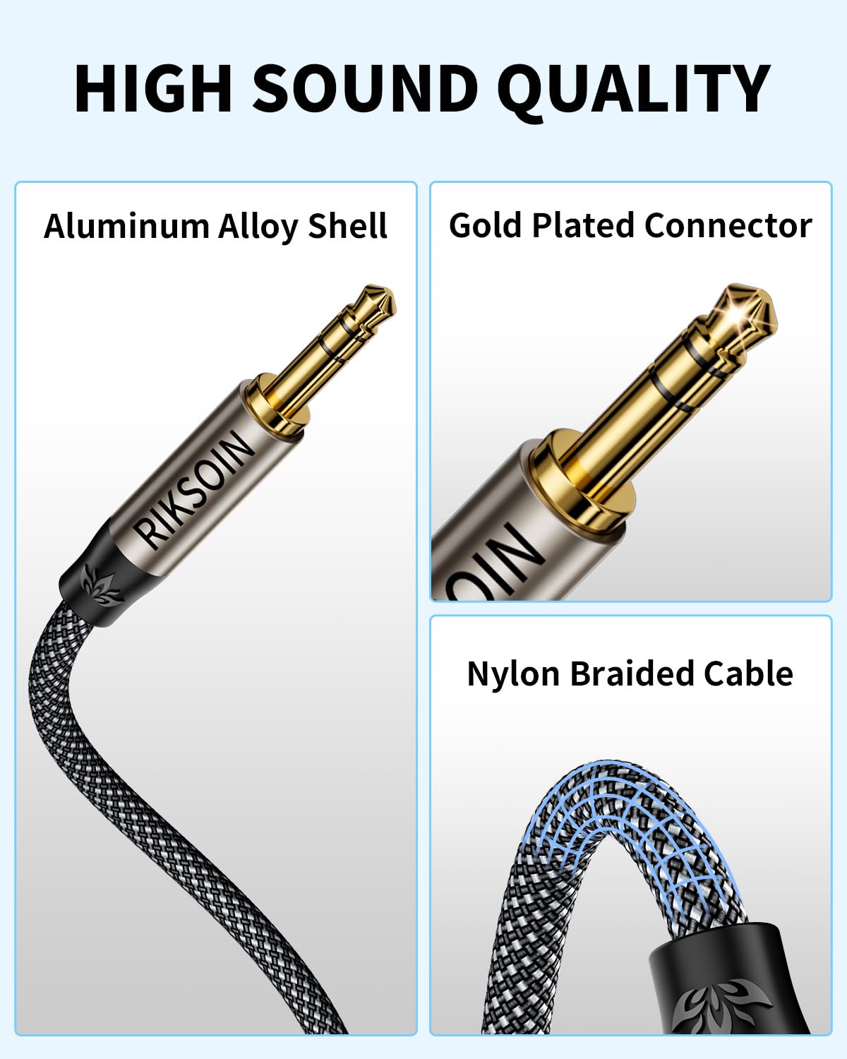 3.5mm Nylon Braided Aux Cable 4FT, Silver-Plated Wire Core Male to Male Cord for Headphones Car Home Stereos Speaker Compatible with iPhone iPad iPod Echo More