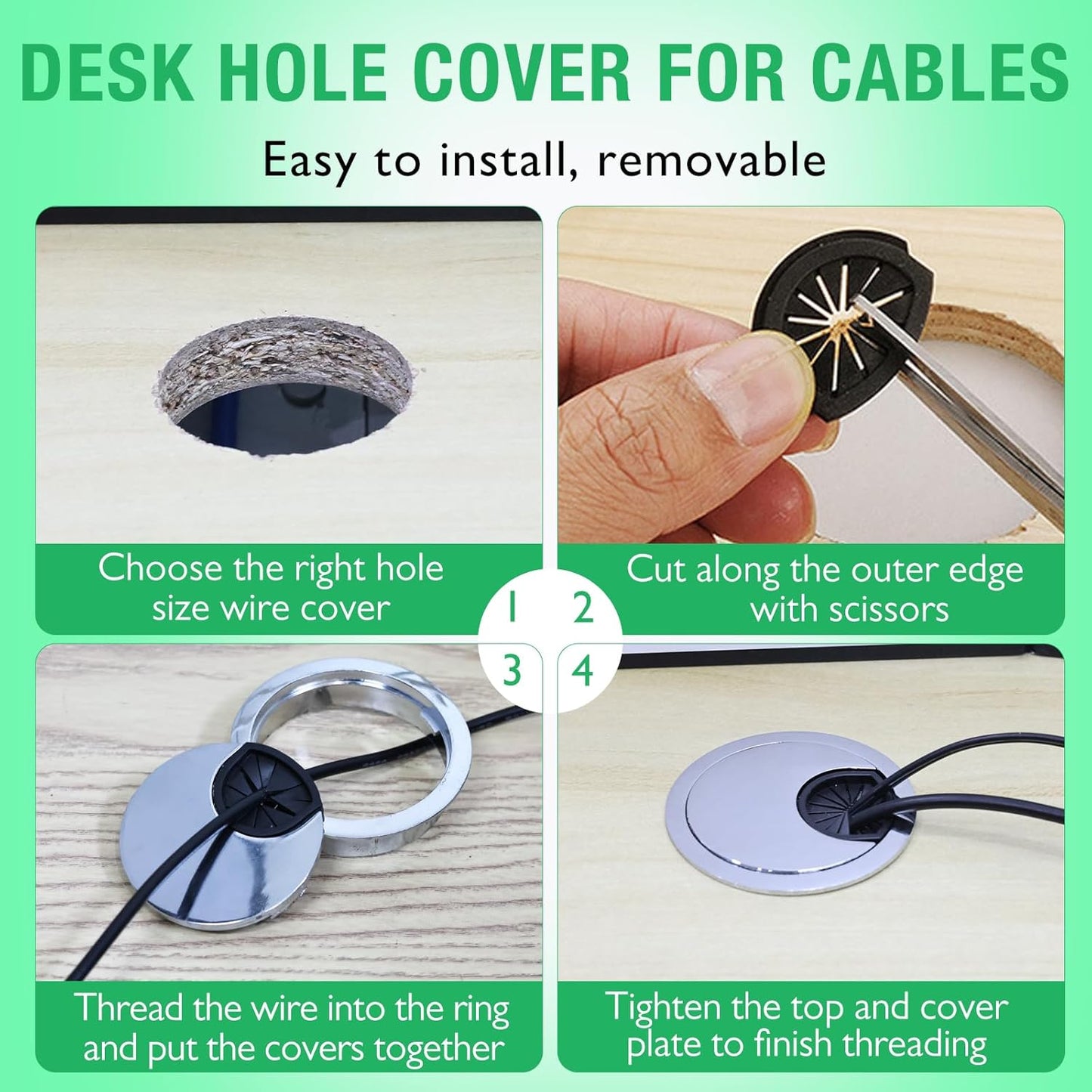 1 Pcs Desk Grommet 2" / 50 mm, Desk Cord Hole Cover, Cable Grommet Metal Zinc Alloy Materilal, Desk Hole Grommet for Home & Office Pc, Detachable Cable Cord Organizer-Brushed Silver
