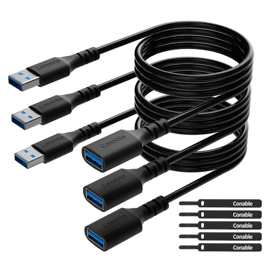 3 Pack USB 3.0 Extension Cable 4 Feet, USB A Male to Female Extender Cord, 5Gbps Data Transfer for Webcam, Printer, Keyboard, Mouse, Flash Drive, Hard Drive, Controller, Black Cable with 5 Cable Ties