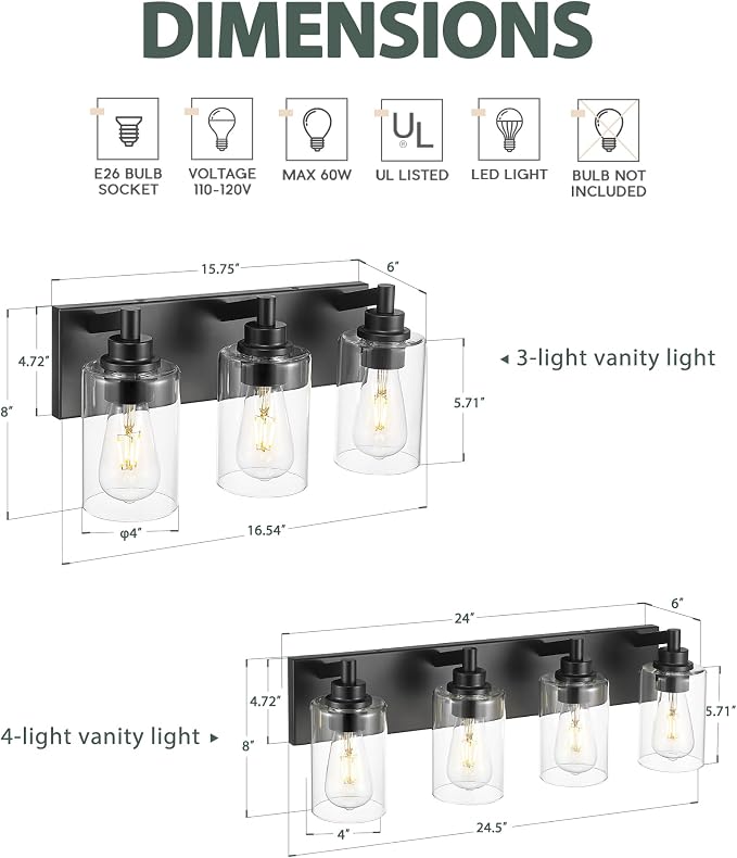 3-Light Bathroom Light Fixtures, Modern Vanity Lighting Fixtures Over Mirror - Image 3