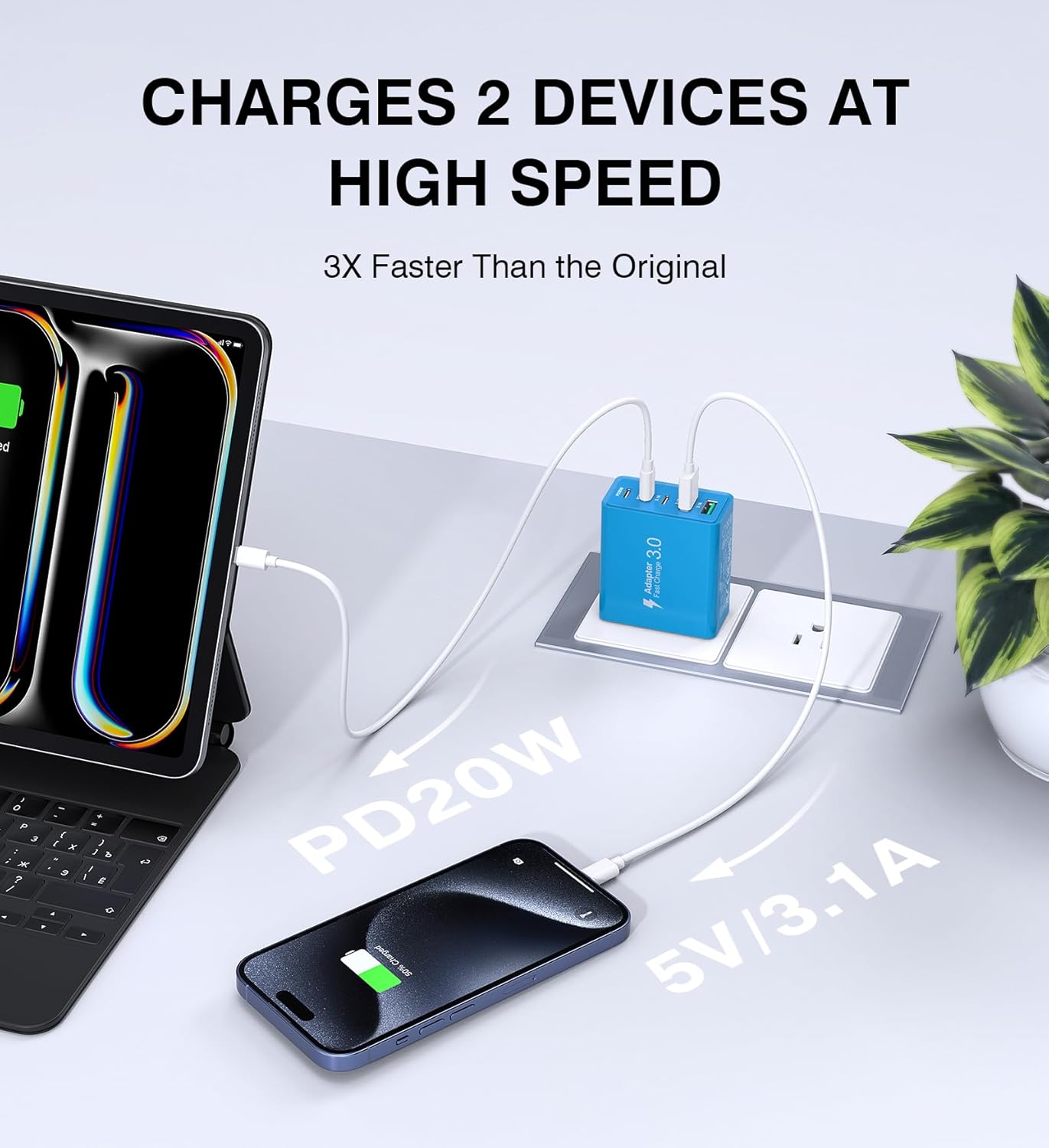 [50W/2Pack] Wall Charger, USB C Charger Block, 5-Port PD + QC 3.0 Fast Charging Power Plug Adapter Brick for Watch Series 10 9 8 7, for iPhone 16 15 14 13 Pro Max Airpod, Samsung Galaxy S24(Blue)