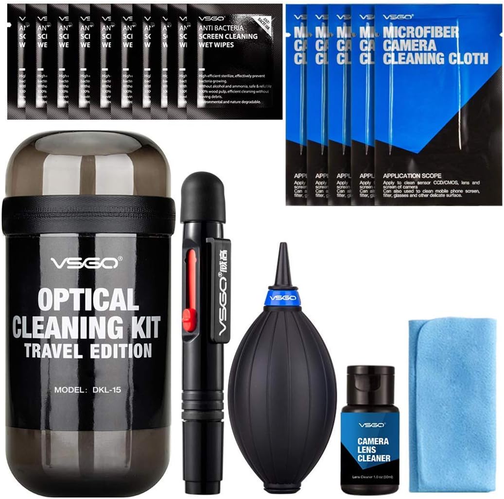 VSGO Professional Camera Lens Cleaning Kit for Canon, Nikon, Sony, Pentax DSLR Lenses - Includes Lens Pen, Air Blower, and Fluid (DKL-15D)