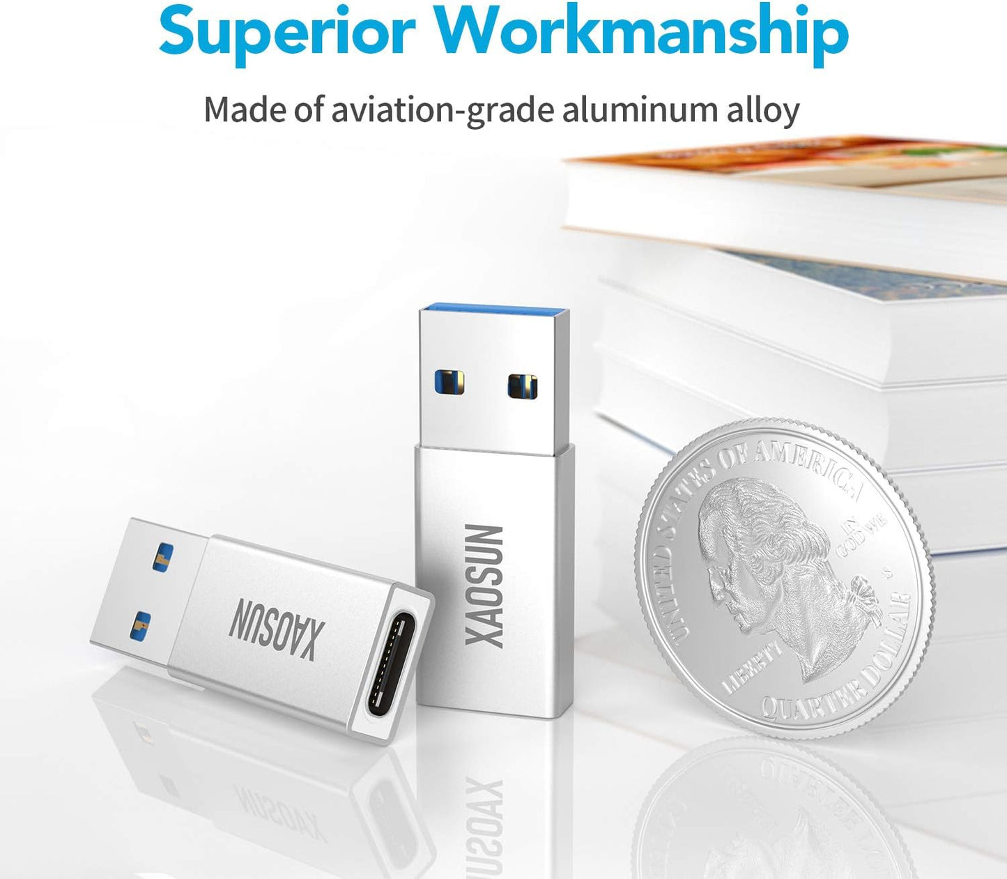 [10Gbps] USB C Female to USB Male Adapter (2-Pack), 3.1 USB A to USB C Adapter, XAOSUN One-Sided SuperSpeed Data Sync & 100W Fast Charging - Compatible with Laptop, PC, Charger, Power Bank, Quest Link