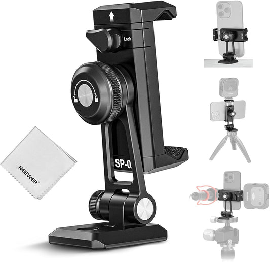 NEEWER SP-02 Phone Tripod Mount Adapter with Arca Type Quick Release Plate Cold Shoe 360° Rotation 180° Tilt Cleaning Cloth, Foldable Holder Compatible with iPhone Android Samsung for Video Recording