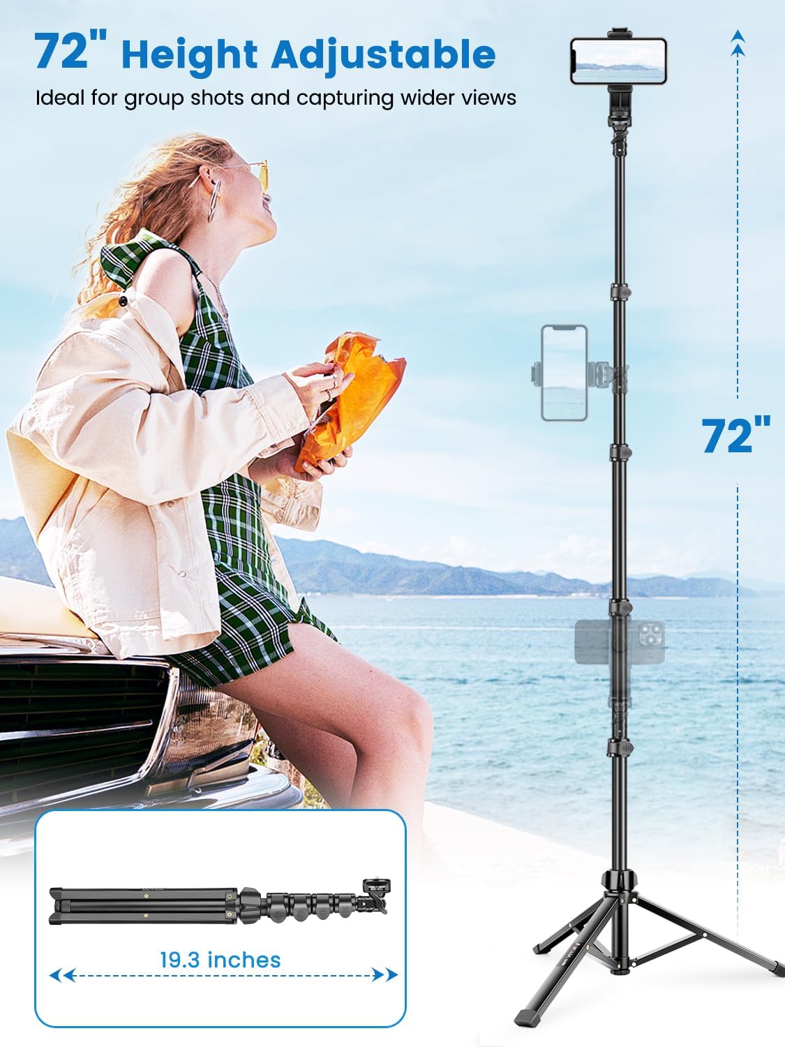 Phone Tripod, 72" Camera Stand Tripod with Remote and Phone Holder, Stable & Adjustable Tall, Suit for iPhone/Digital Camera