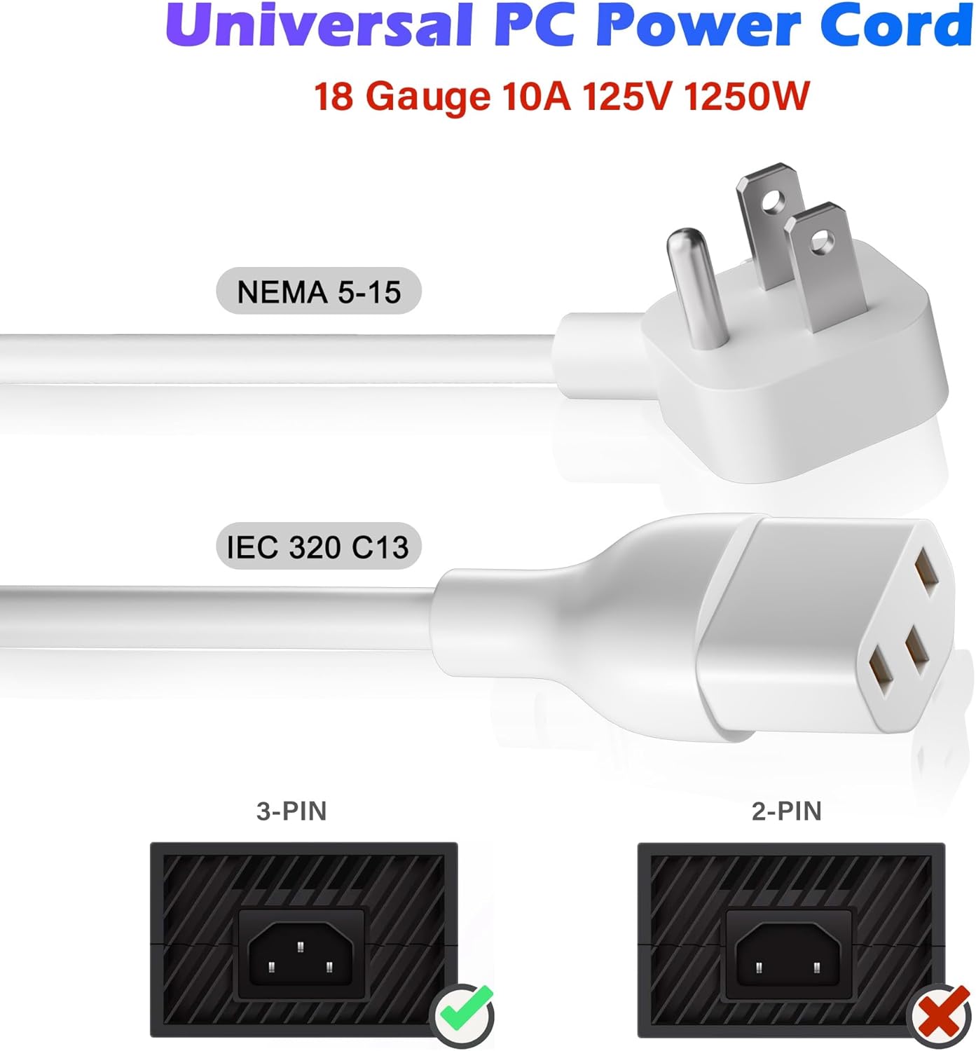 Adoreen 10 Ft Computer TV Replacement Power Cord White, Low Profile Flat Plug 18AWG 3-Prong AC Universal Power Supply Cable NEMA 5-15P to IEC 320 C13 for Printer, PC, Monitor TV LCD, ETL+Ties