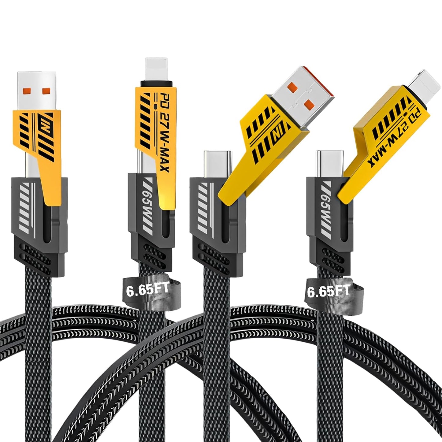 2Pack 4 in 1 Fast Charging Cable, Transferring Data, 6.65 Ft, Braided Cable 65W, USB C USB A and IP, Multiple Charging Cable for Phone/Pad/More