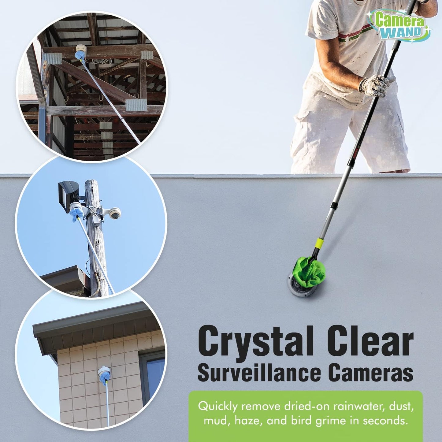 Surveillance/Security Camera Cleaning Tool - Safely from The Ground - with Cleaning Solution & Re-usable Microfiber Towels