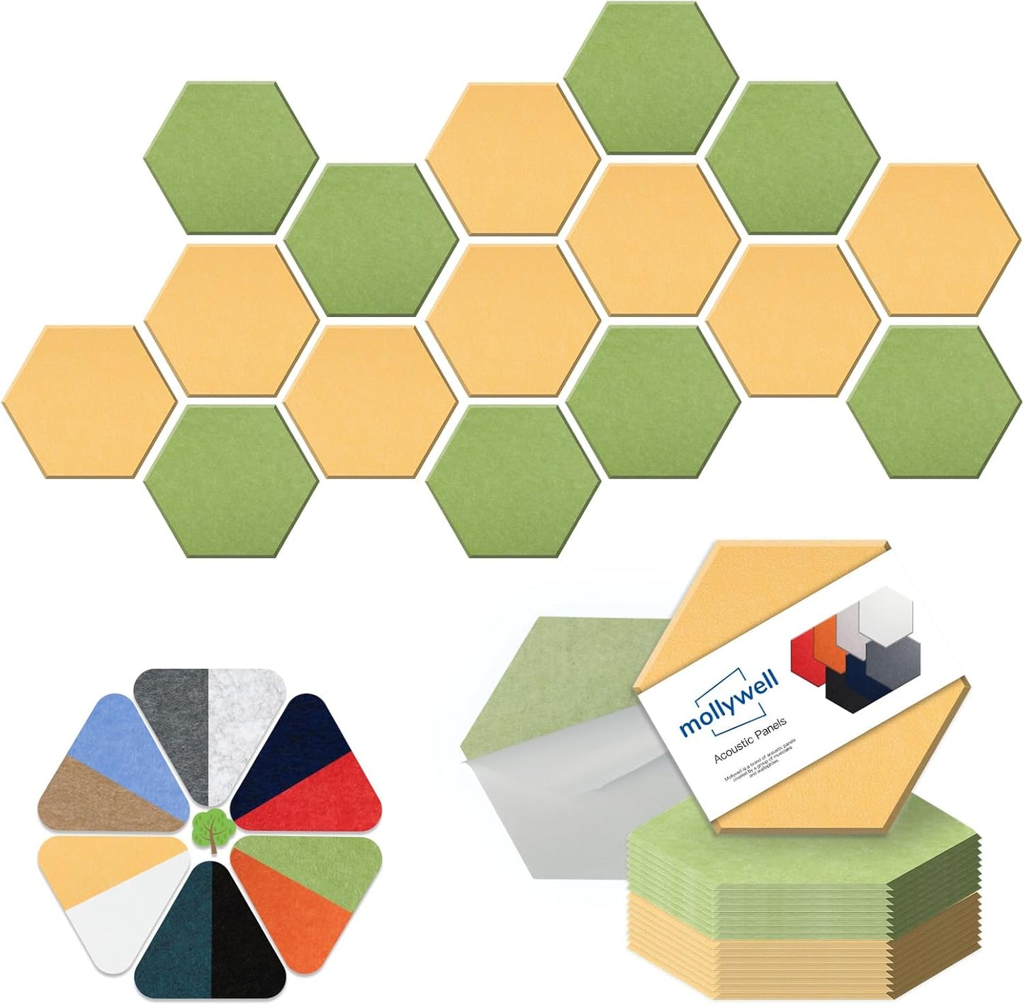 Mollywell Hexagon Acoustic Panels, High Density, Soundproofing, Decorative Noise Reduction Felt Wall Tiles for Ceilings, Home Office & Gaming Room (Yellow and Fruit Green), 14x12x0.4 Inch