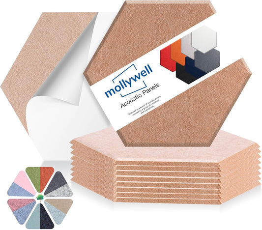 Mollywell Hexagon Acoustic Panels, High Density, Soundproofing, Decorative Noise Reduction Felt Wall Tiles for Ceilings, Home Office & Gaming Room (Deep Brown), 14x12x0.4 Inch