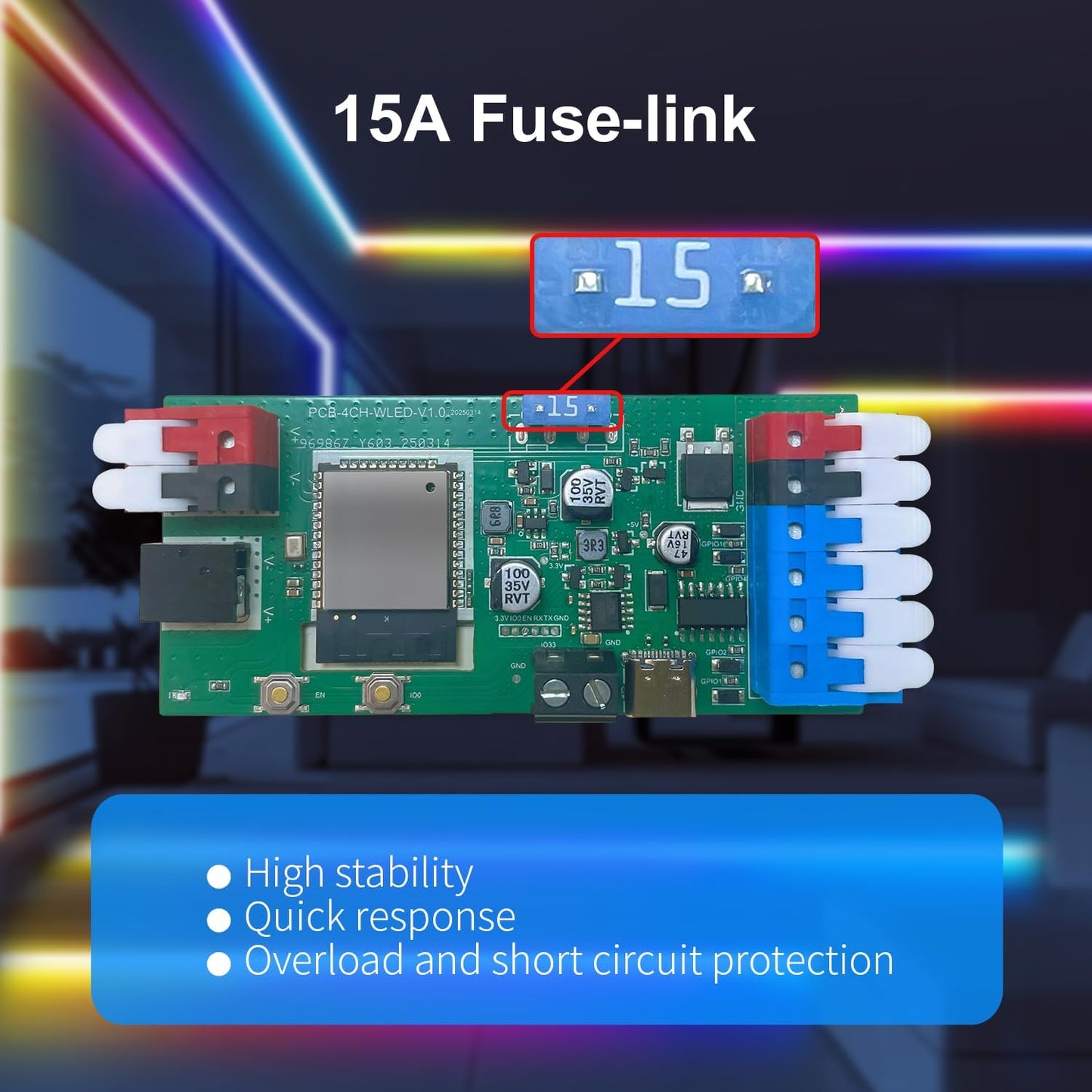 ESP32 WLED RGB IC LED Strip Controller 4 Channel Outputs 15A Fuse Mic Sound Dynamic Lights USB-C UART DIY Energy Saving Relay Level Shifter IC for Digital WS2811 WS2812 WS2815 SK6812 etc