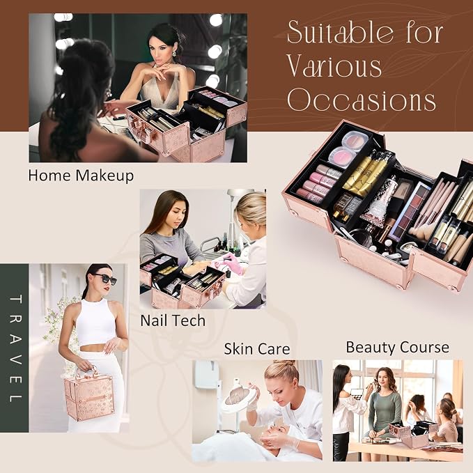 FRENESSA Makeup Train Case Cosmetic Box Portable Makeup Case Organizer 4 Trays - Image 4